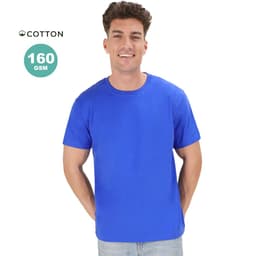 A blue adult cotton T-shirt displayed on a smiling male model. The shirt features a logo.