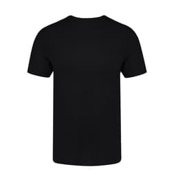 A black adult t-shirt with a round neckline and short sleeves, featuring a logo.