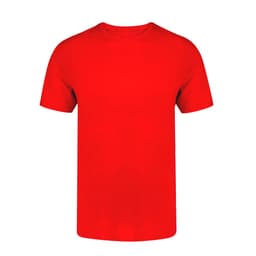 A red adult T-shirt featuring a standard crew neck and short sleeves, with a logo present.