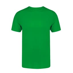 A green adult t-shirt with a round neck and short sleeves. It features a logo on the front.
