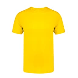 A bright yellow adult T-shirt with a classic crew neck and short sleeves, featuring a logo on the front.
