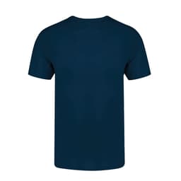 A navy blue adult t-shirt with a round neckline and short sleeves. It features a logo on the front.