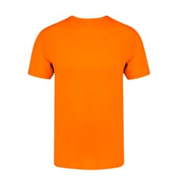 An orange adult T-shirt featuring a simple design and short sleeves. It has a logo on it.