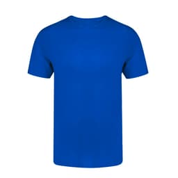 A blue adult t-shirt made of soft fabric, featuring a round neck and short sleeves, with a logo on it.