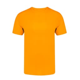 An orange adult t-shirt with a blank front and short sleeves, featuring a logo on one side.