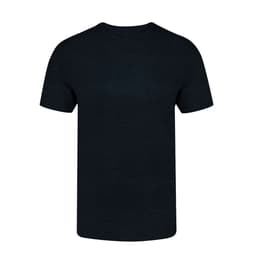 A black adult colour T-shirt with a crew neckline and short sleeves, featuring a logo on the front.