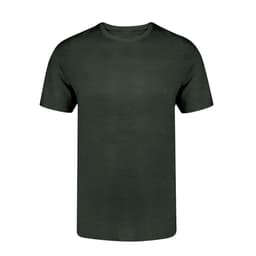 A dark green adult t-shirt with short sleeves and a crew neckline, featuring a logo.