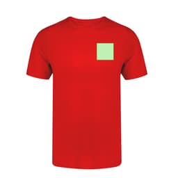 A red adult T-shirt featuring a green square patch on the front and a logo on the left side.