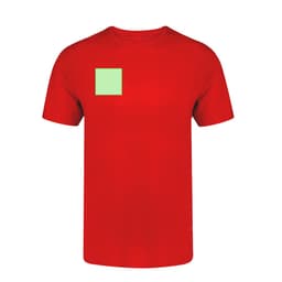A red adult T-shirt featuring a green square patch and a logo on the left chest area.