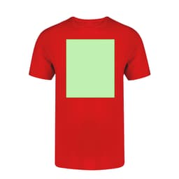 A red adult t-shirt featuring a blank green square for custom designs, with a logo on it.