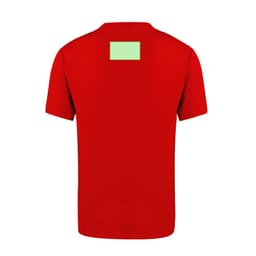 A red adult T-shirt featuring a plain back and a logo at the upper back.