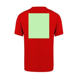 A red adult T-shirt featuring a blank green square on the back and a logo on the front.
