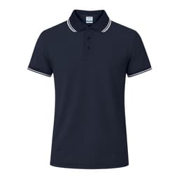 A navy blue polo shirt featuring a contrasting collar and sleeve trims, with a logo on the chest.