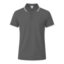 A grey polo shirt with a contrasting trim on the collar and sleeves, featuring a branded logo.