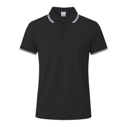 A black polo shirt featuring contrasting white accents on the collar and sleeves. It includes a logo.