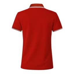 A red polo shirt with a contrasting collar and white trim, featuring a logo on the back.