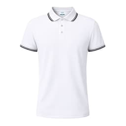 A white polo shirt with black striped detailing on the collar and sleeves, featuring a logo.