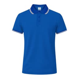 A blue polo shirt featuring a classic collar and contrasting striped detailing on the sleeves and collar.