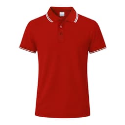 A red polo shirt with a classic collar and contrasting striped detailing on the sleeves. It features a small logo.