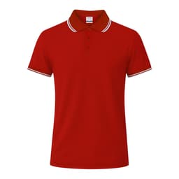 A red polo shirt with a classic collar and contrasting striped detailing on the collar and sleeves.