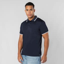 A navy blue polo shirt with contrasting stripes, featuring a collar and short sleeves. The shirt has a logo.