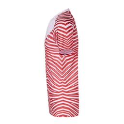 A red and white striped T-shirt featuring a logo, viewed from the side.