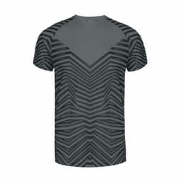 A patterned grey T-shirt with a geometric design and a logo on the front.