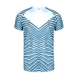 A blue and white T-shirt featuring a zigzag stripe pattern and a logo on the front.