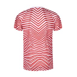 A red and white striped T-shirt with a zigzag pattern, featuring a logo on the front.