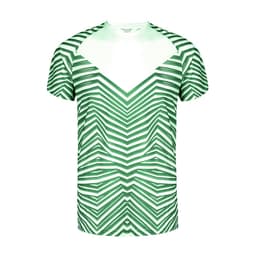 A green and white striped T-shirt featuring a geometric pattern and a branding logo.