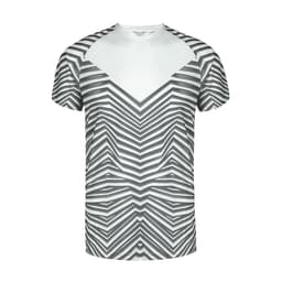 A grey and white striped T-shirt with a bold geometric pattern. It has a logo on the front.