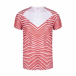 A red and white striped t-shirt featuring a chevron design and a logo on the front.