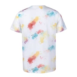 A white adult T-shirt featuring a multicoloured splatter design in red, yellow, and blue. It has a logo.