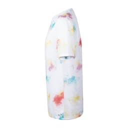 A side view of a multicoloured t-shirt featuring a splash design in shades of white, pink, blue, and yellow.