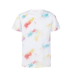 A white adult T-shirt featuring a colourful splatter pattern in pink, blue, and yellow. It has a logo displayed.
