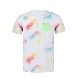 A white adult T-shirt featuring a multicolour tie-dye pattern with a placeholder for a logo or design.