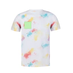 A white adult t-shirt with a colourful splatter pattern in pastel shades and a logo on the chest area.
