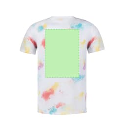 A multicoloured adult T-shirt featuring a white base with a splash of red, yellow, and blue patterns, and a blank centre.