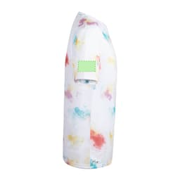 A white adult T-shirt featuring a multicoloured abstract design in shades of blue, yellow, red, and green.