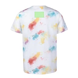A white adult T-shirt featuring a vibrant splatter pattern in red, yellow, and blue hues, with a logo on the back.
