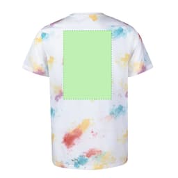 A multi-coloured adult T-shirt featuring a splatter design on a white background and a green blank area on the back.