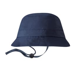 A navy blue bucket hat with a chin strap and a simple design. It features a logo on the side.