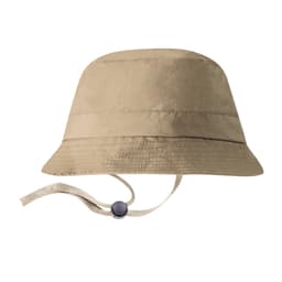 A beige bucket hat with a wide brim and an adjustable chin strap. Includes a logo.