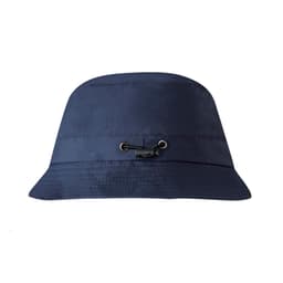 A navy blue bucket hat featuring a small logo and an adjustable clasp for a secure fit.