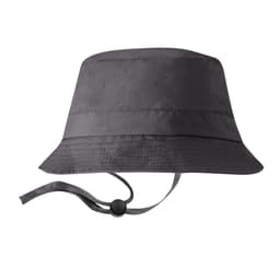 A dark grey bucket hat with a strap for adjustment and a simple branding logo.