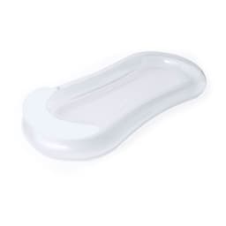 A clear inflatable lounge chair with a smooth, ergonomic design. It features a white accent and has a logo.