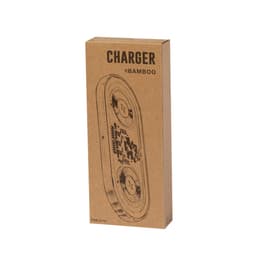 A wireless charger in a brown cardboard box, featuring a minimalist design and a logo.