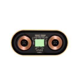 A wireless charger with a sleek black and gold design, featuring two copper charging pads and a central circuit area.