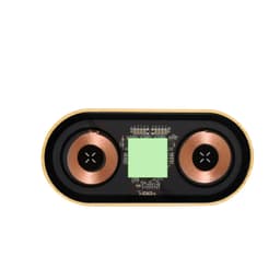 A wireless charger with a sleek black and gold design featuring dual charging pads and visible circuitry.