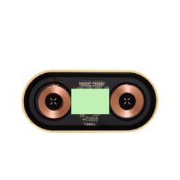 A wireless charger with a sleek black and gold design, featuring dual charging pads and a central circuit section.